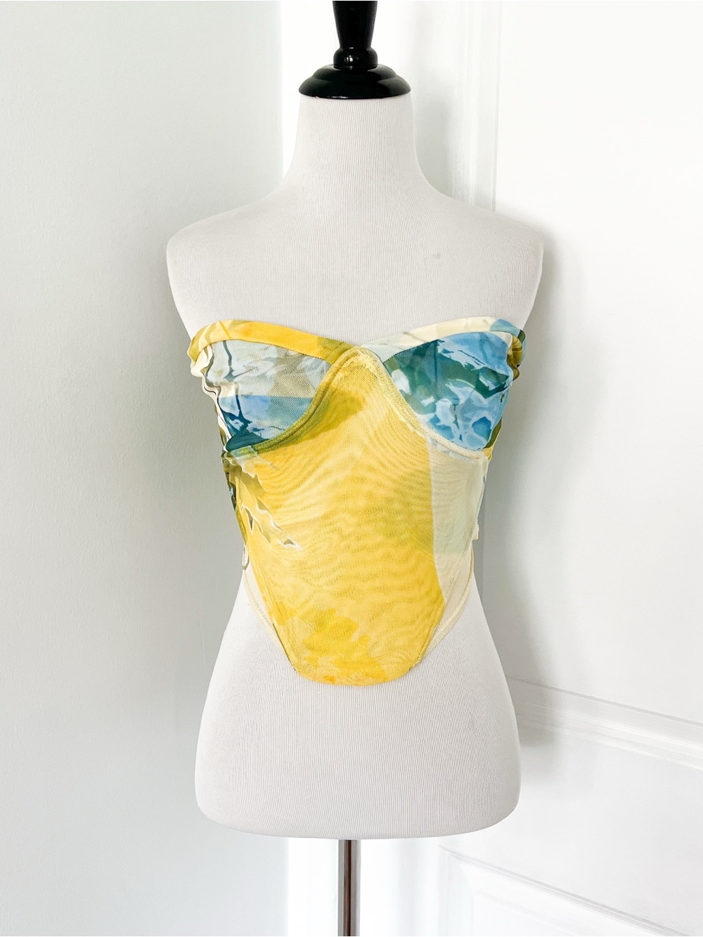 Tiger Mist Yellow and Aqua Strapless Mesh Bustier - XS